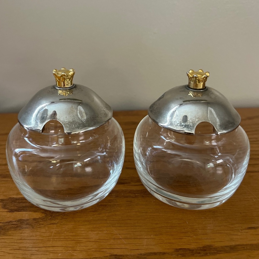 Set of 2 Glass and Metal Condiment Jars Slotted Lid Silver Gold Trinket Jar